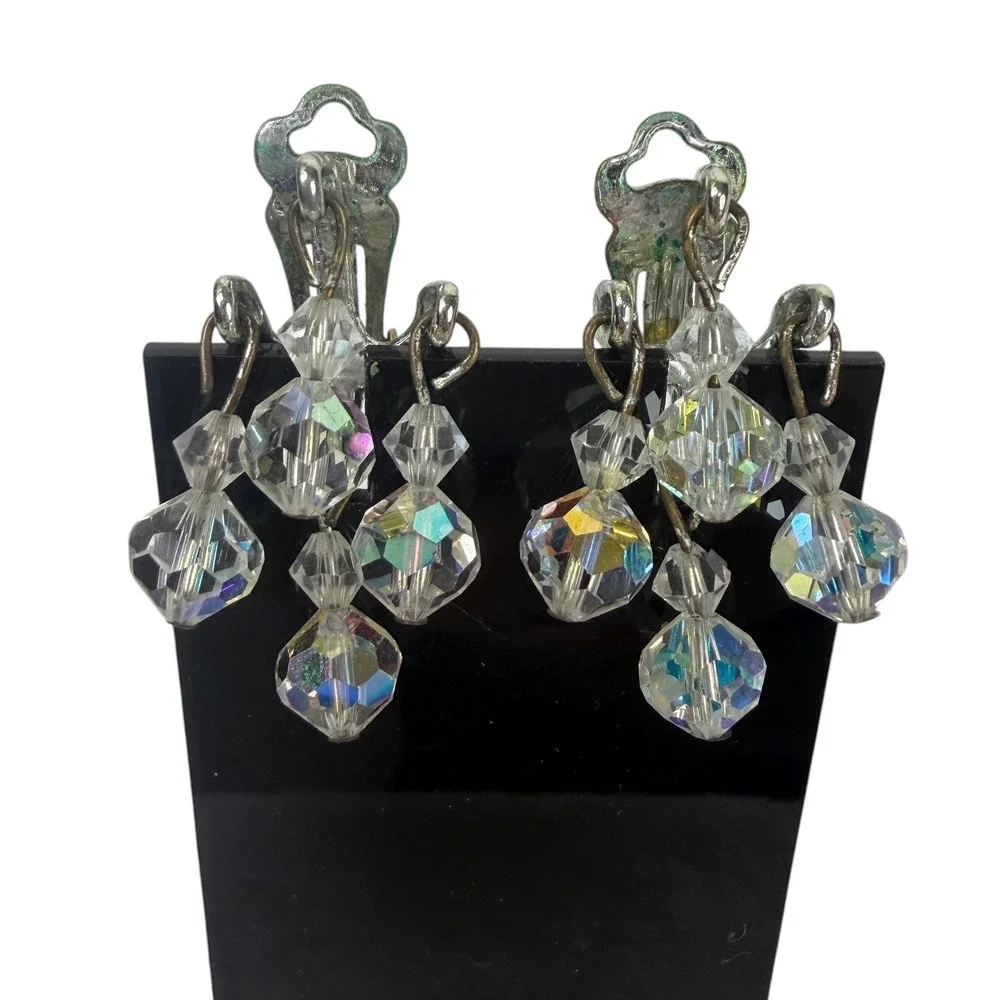 Vintage Aurora Borealis AB Crystal Chandelier Clip On Earrings Silver Tone Drop